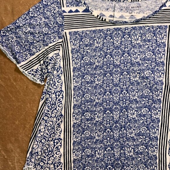 Lucky Brand Women XS Blue‎ White Black Paisley Stripe Loose Fit Shirt (W) - Picture 2 of 7